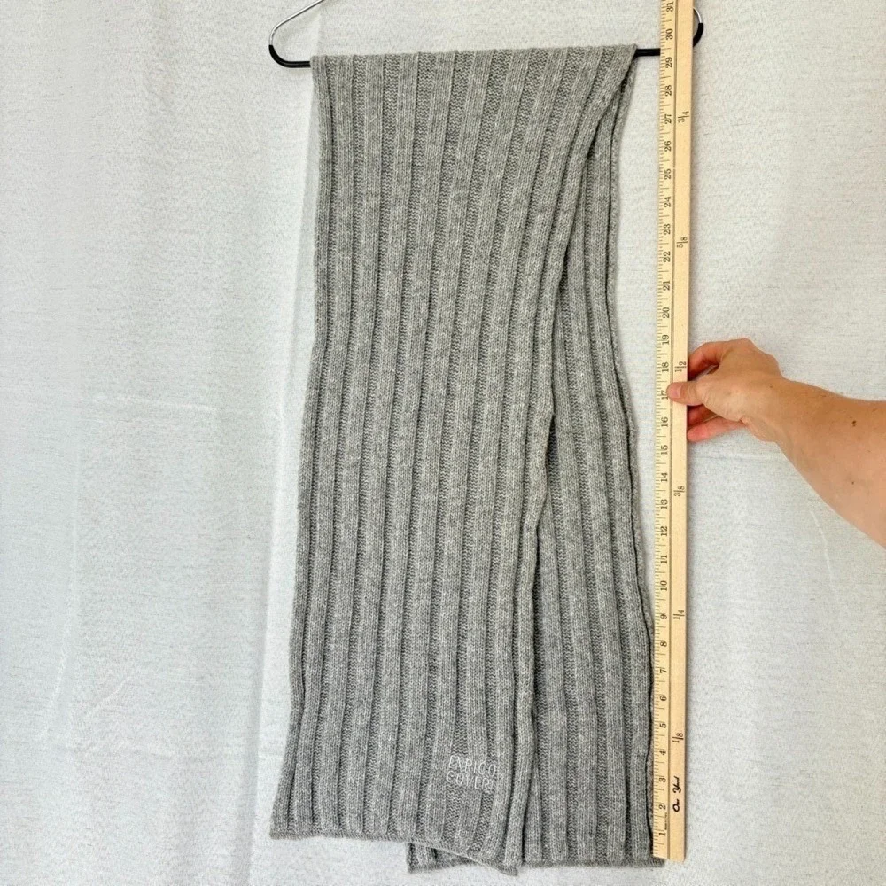 Enrico Coveri Wool Scarf Grey Ribbed Knit Embroidery Logo minimal capsule luxury